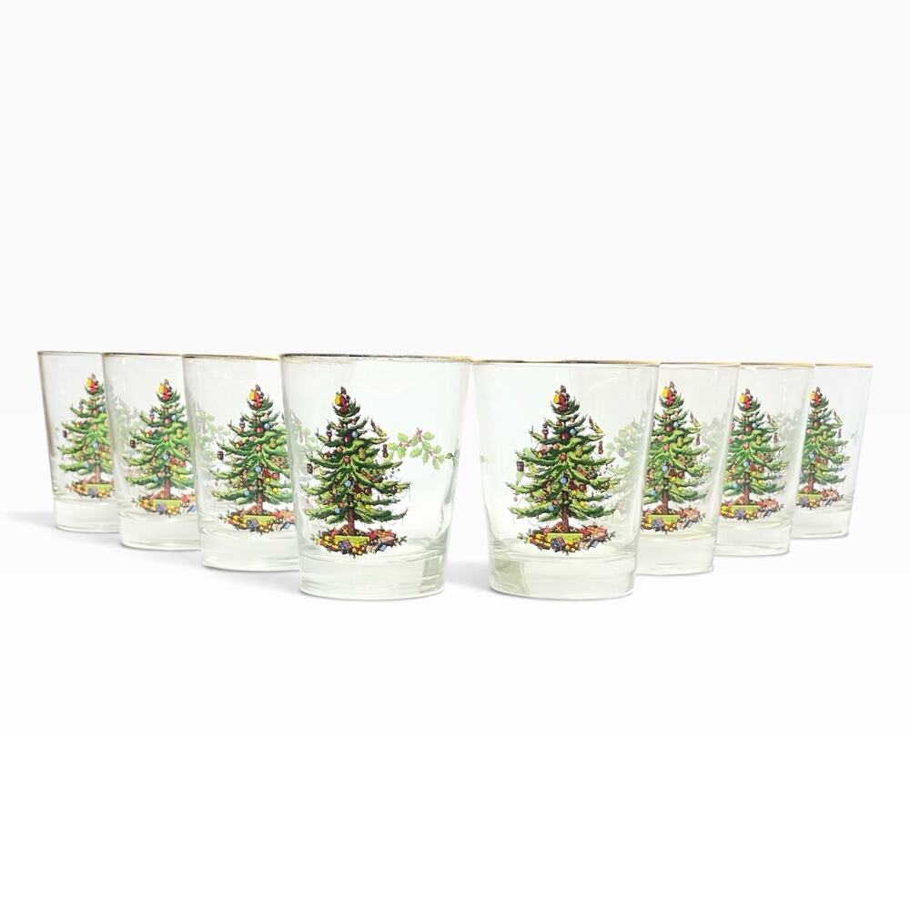Spode “Christmas Tree” 8 Double Old Fashioned Tumbler Drinking Glasses 4.5” 15oz